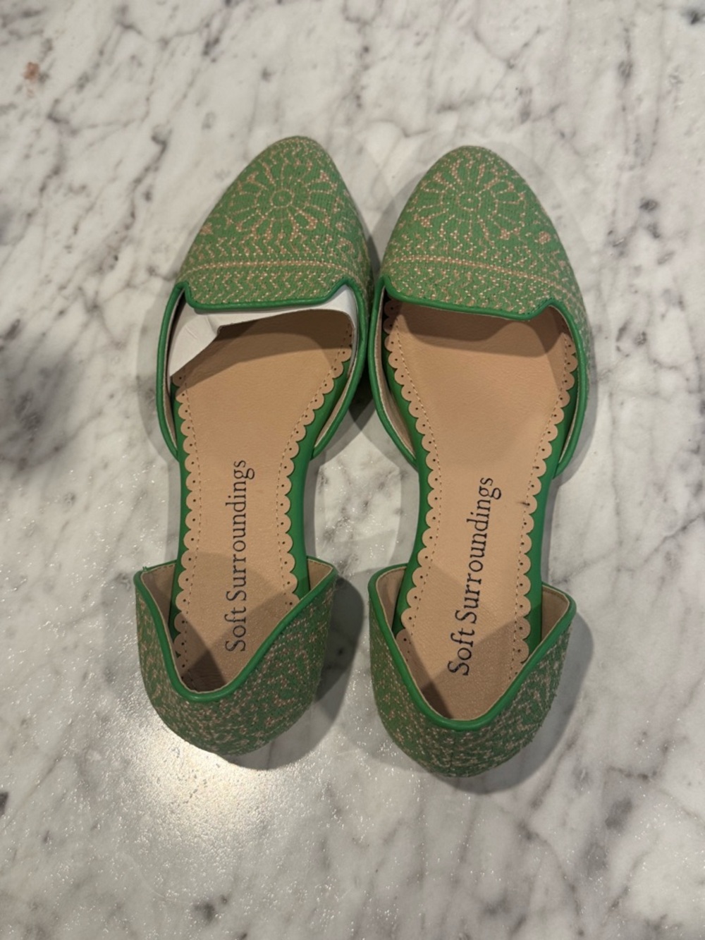 Soft Surroundings Green Floral Embroidered D'Orsay Flats